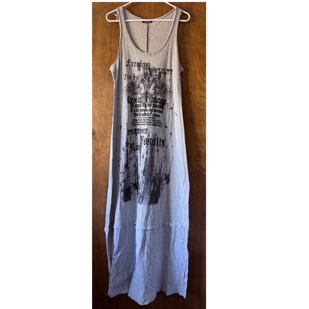 Y2K Vintage Cotty On Wing Cross Long Maxi Dress Mcbling Grunge tattoo print moto - Picture 2 of 5